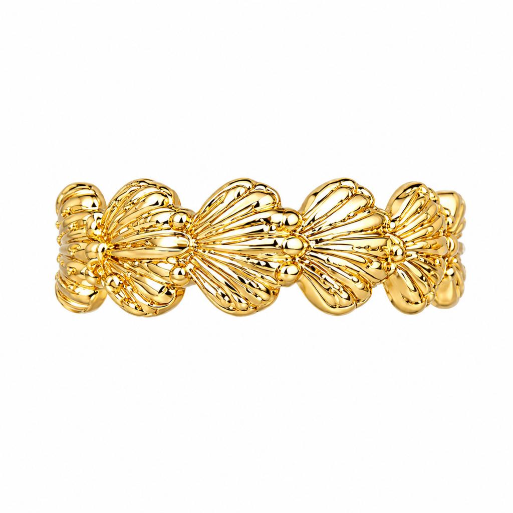gold seashell band ring, seashell adjustable ring, wide shell statement ring, repeating seashell ring, textured shell ring, gold tone ring, stainless steel ring, adjustable coastal ring, ocean inspired jewelry, beach jewelry, resort accessories, vacation jewelry, summer statement ring, marine inspired ring, coastal statement jewelry
