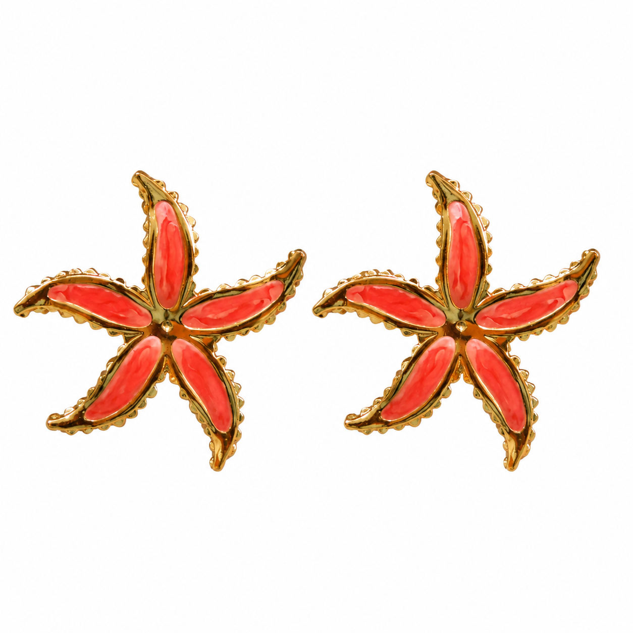 Gold-tone starfish stud earrings with glossy pink enamel, coastal beach statement jewelry for women
