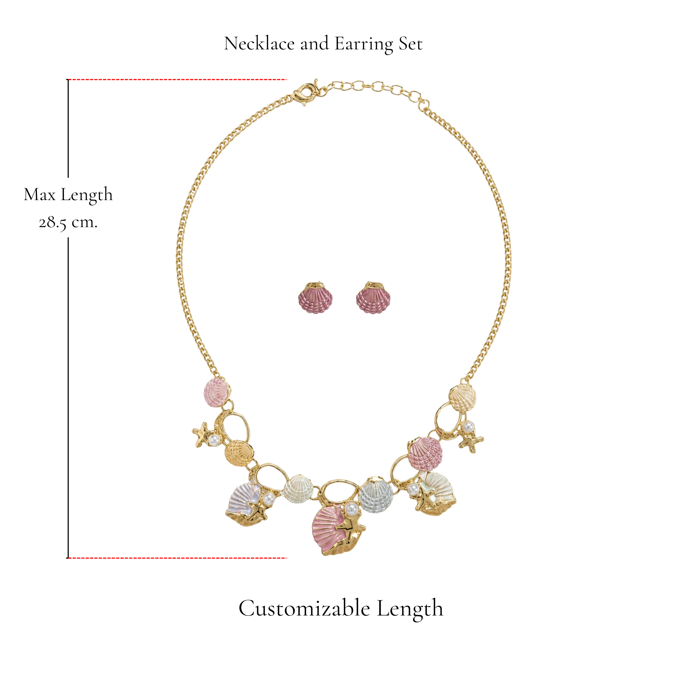 Browniecherry pastel seashell necklace and earring set with adjustable chain and maximum length of 28.5 cm
