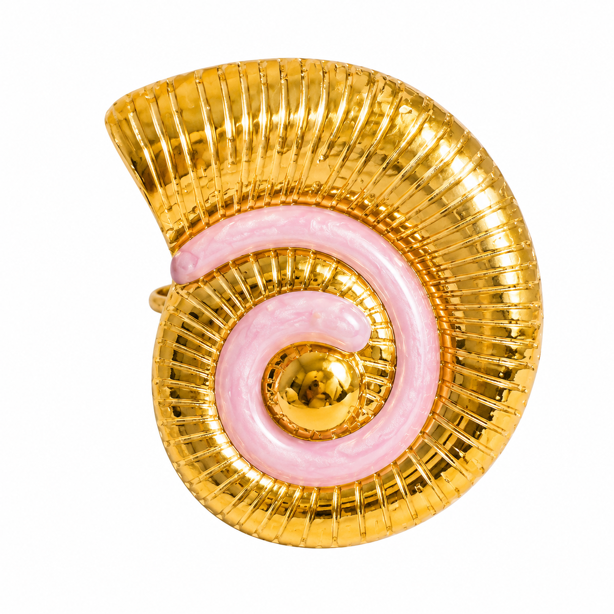 Pastel pink glossy nautilus shell adjustable ring with raised spiral ridges and reflective gold-tone finish by Browniecherry
