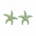 Gold-tone starfish stud earrings with glossy mint green enamel, tropical coastal statement jewelry for women