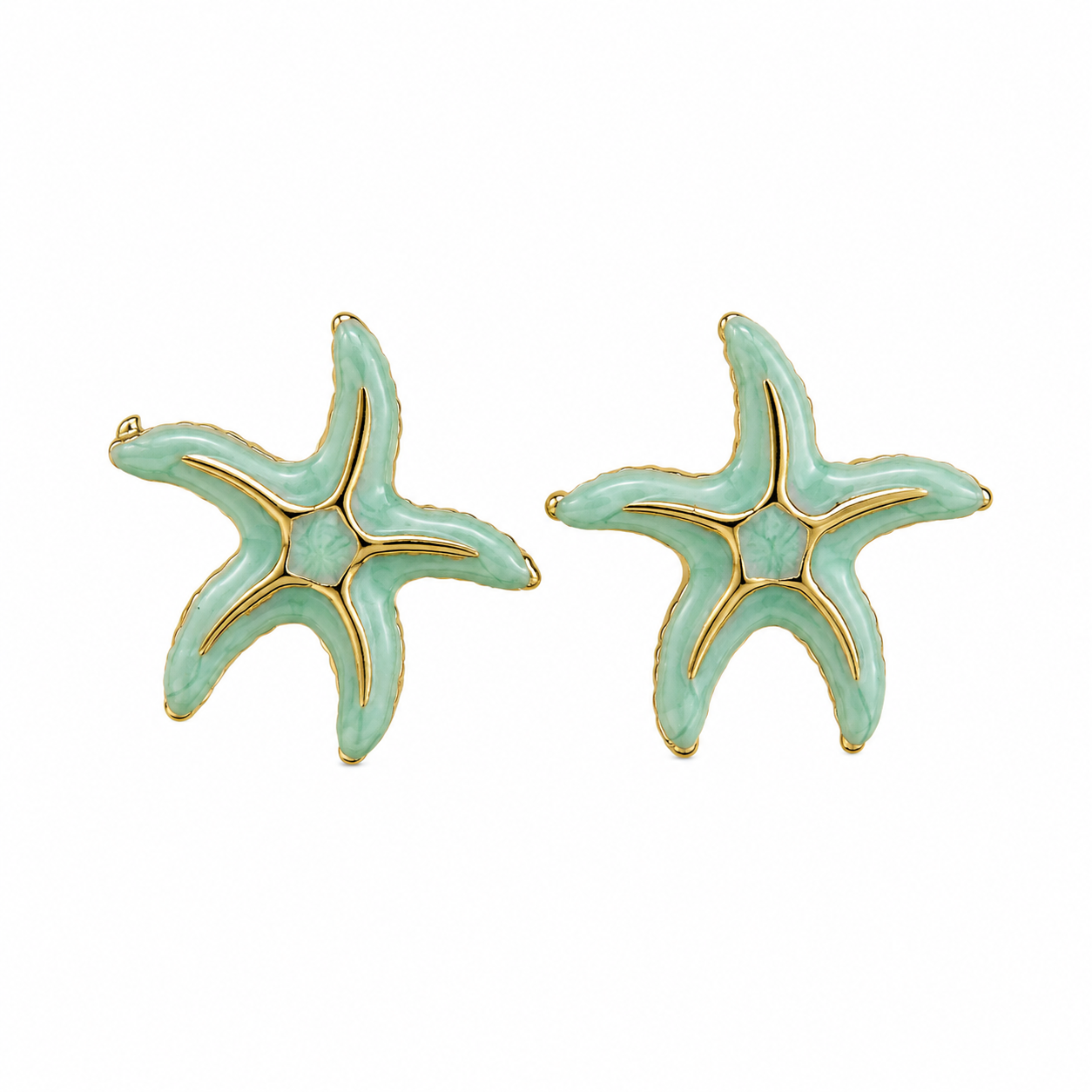 Gold-tone starfish stud earrings with glossy mint green enamel, tropical coastal statement jewelry for women
