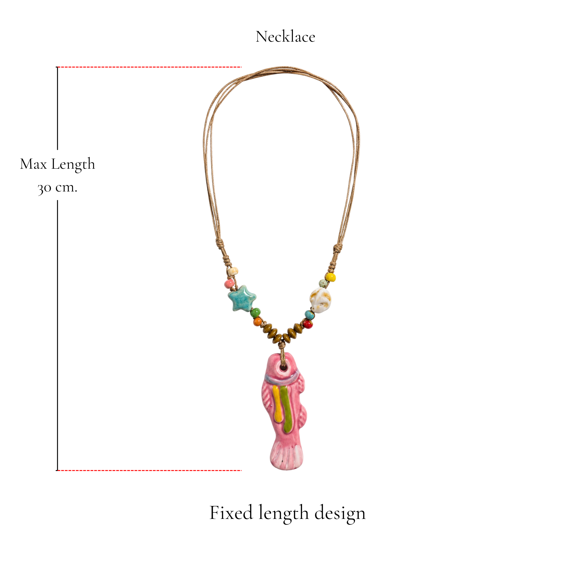 Browniecherry pastel fish pendant bohemian necklace with fixed 30 cm maximum length and colorful coastal bead details
