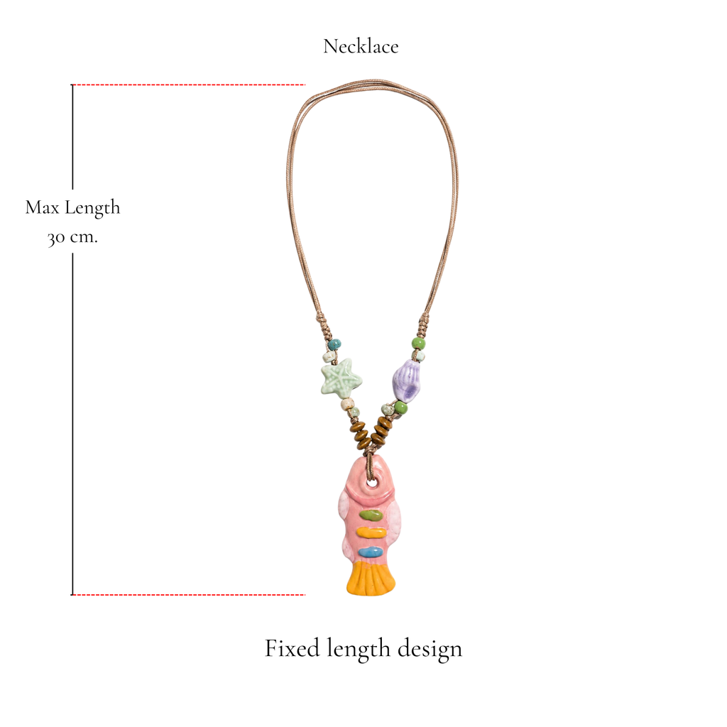 Browniecherry pastel fish pendant bohemian necklace with fixed 30 cm maximum length and colorful coastal bead details
