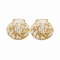 Gold-tone scallop shell stud earrings with ivory white enamel, starfish and seashell details, coastal beach jewelry for women
