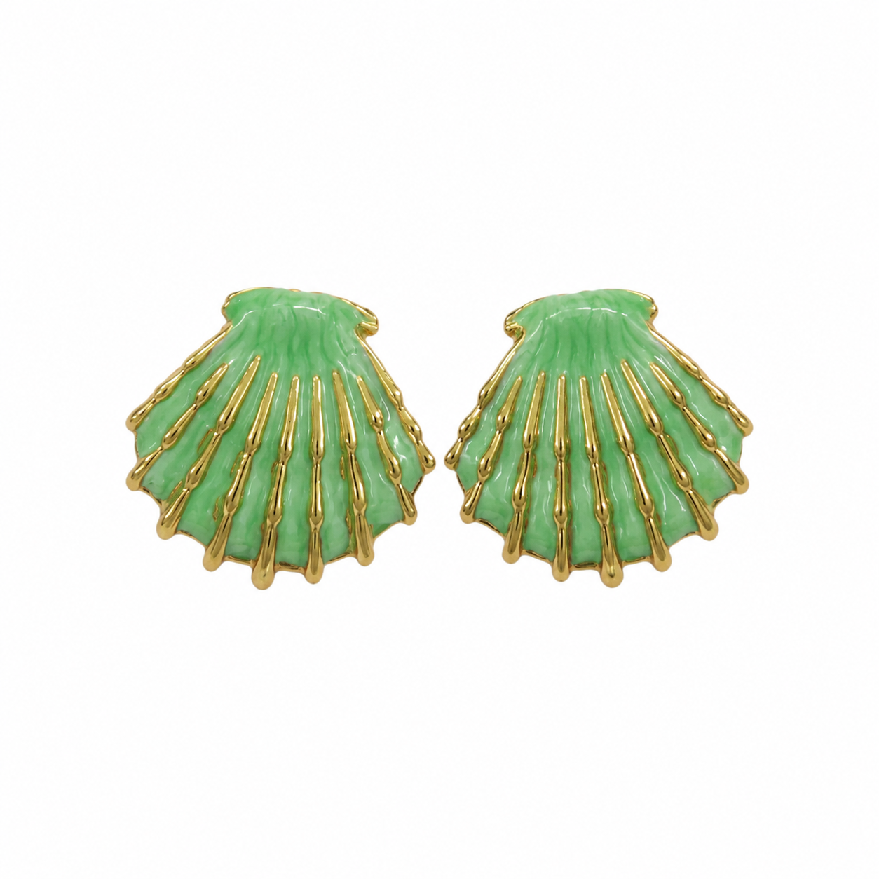 Gold-tone scallop shell stud earrings with glossy jade green enamel, coastal statement jewelry
