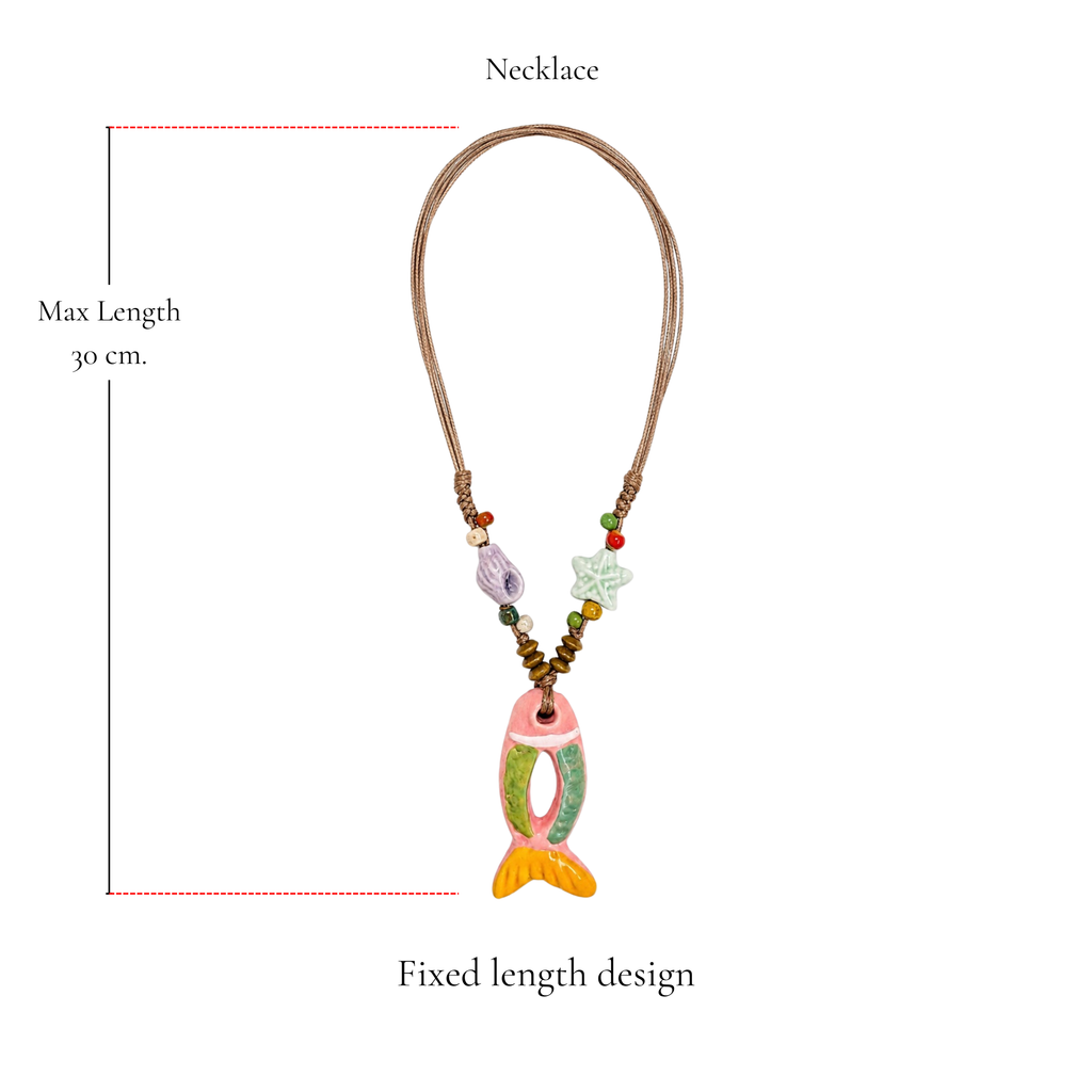 Browniecherry pastel fish pendant bohemian necklace with fixed 30 cm maximum length and colorful coastal bead details
