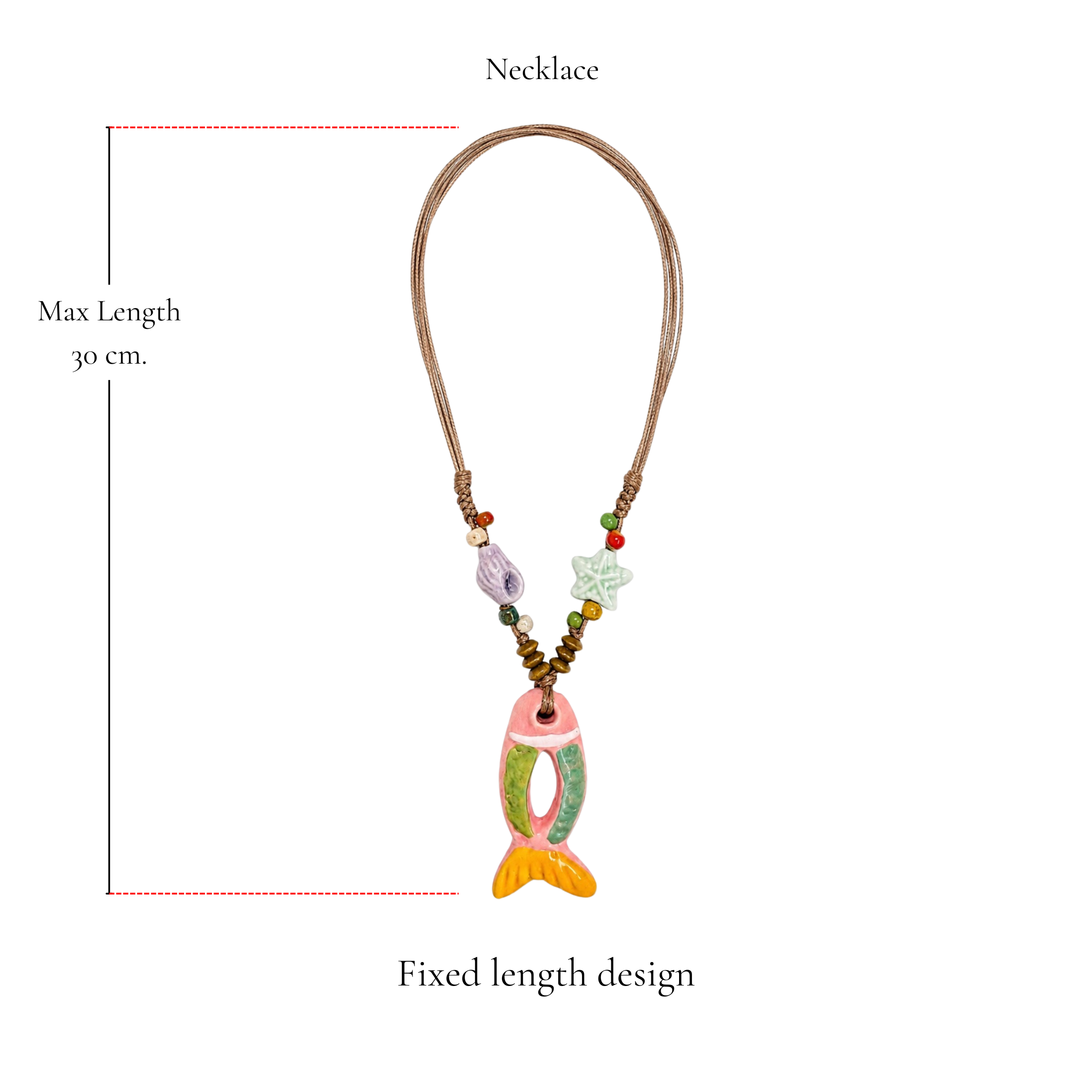 Browniecherry pastel fish pendant bohemian necklace with fixed 30 cm maximum length and colorful coastal bead details
