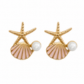 Gold-tone starfish and pink seashell stud earrings with white pearl, tropical coastal jewelry
