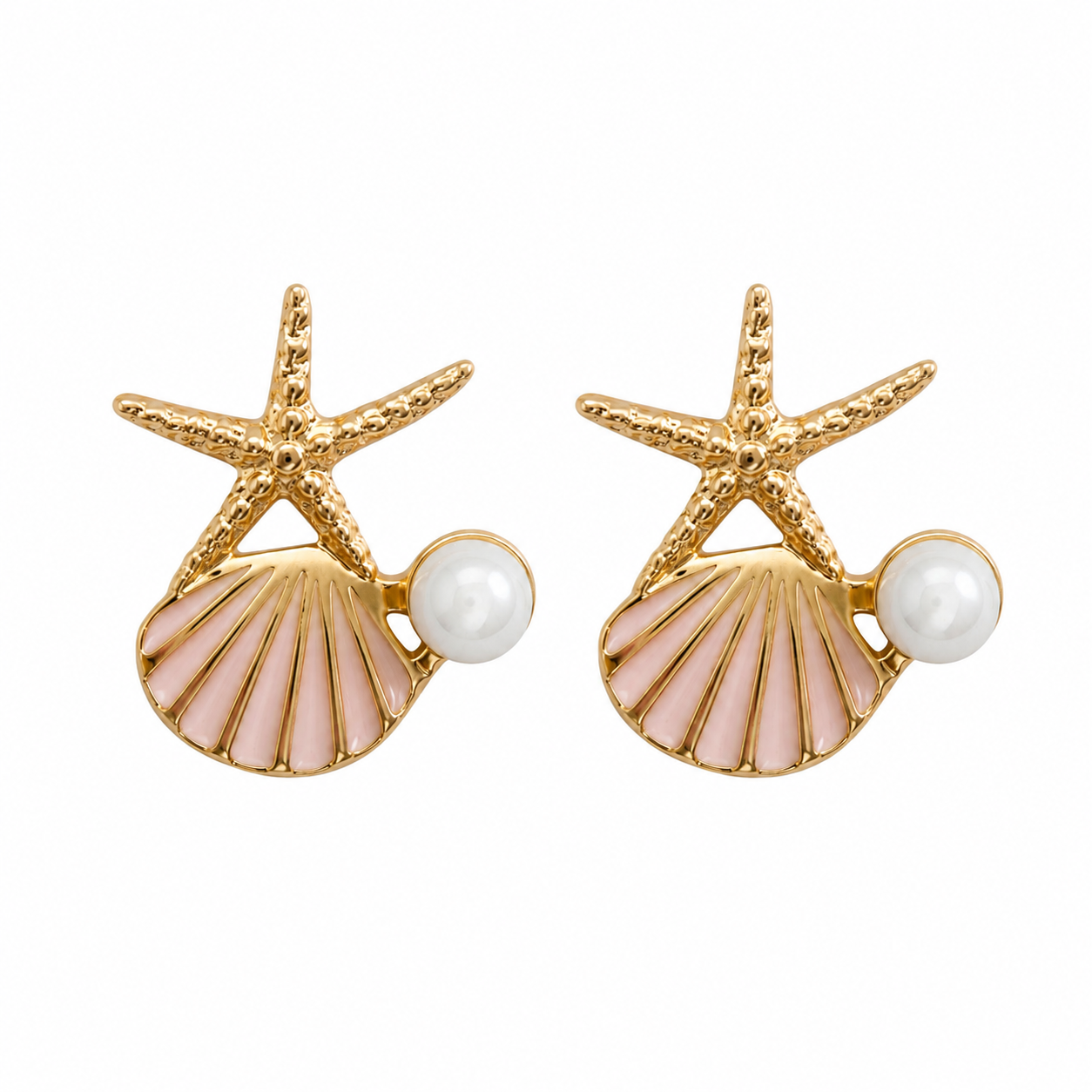 Gold-tone starfish and pink seashell stud earrings with white pearl, tropical coastal jewelry
