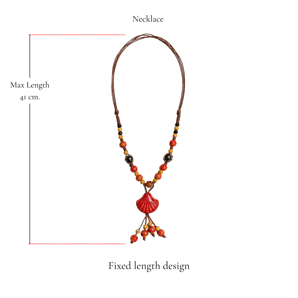 Browniecherry sunset red seashell pendant necklace with fixed 41 cm maximum length and hanging bead details
