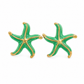 Gold-tone starfish stud earrings with glossy emerald green enamel, tropical ocean-inspired statement jewelry for women
