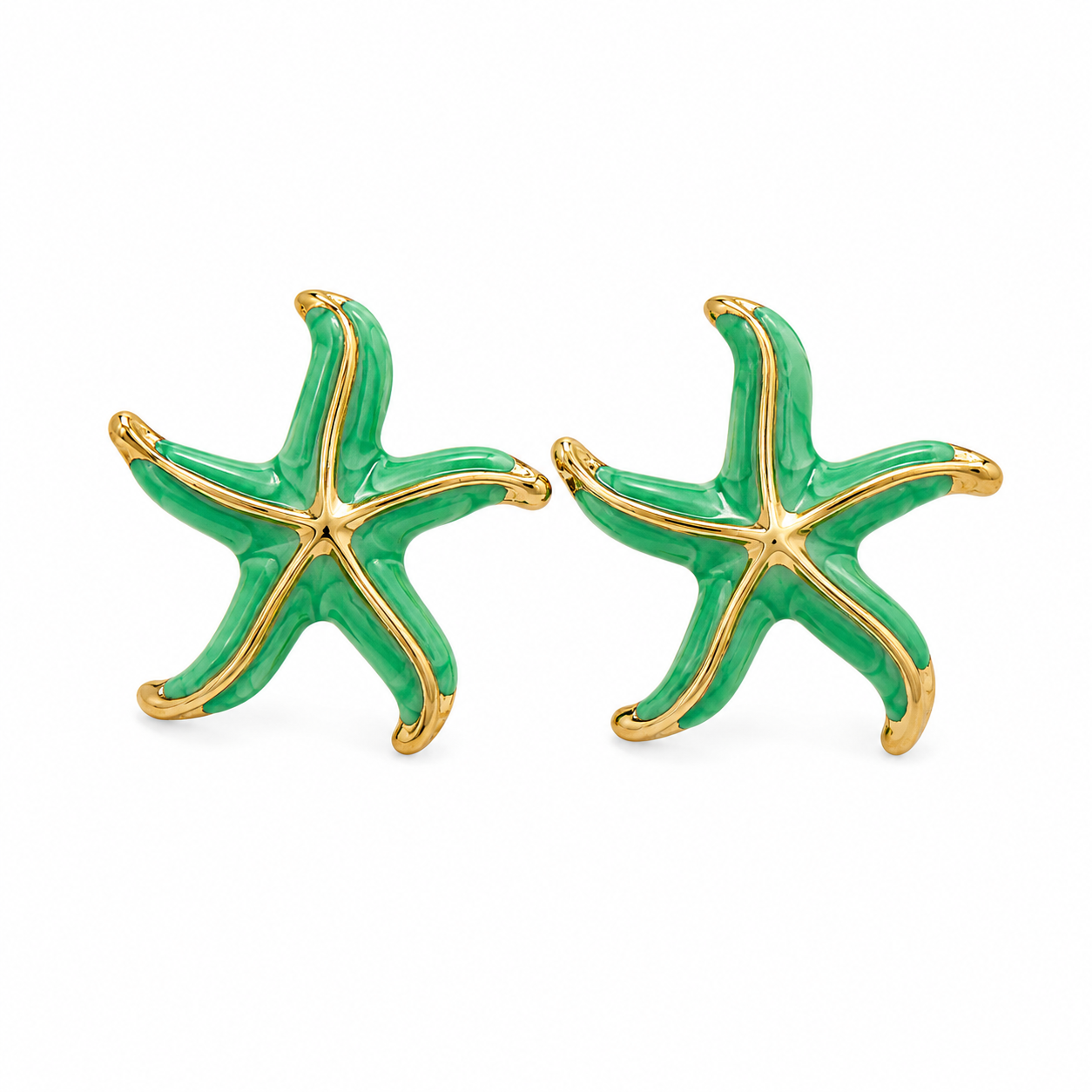 Gold-tone starfish stud earrings with glossy emerald green enamel, tropical ocean-inspired statement jewelry for women
