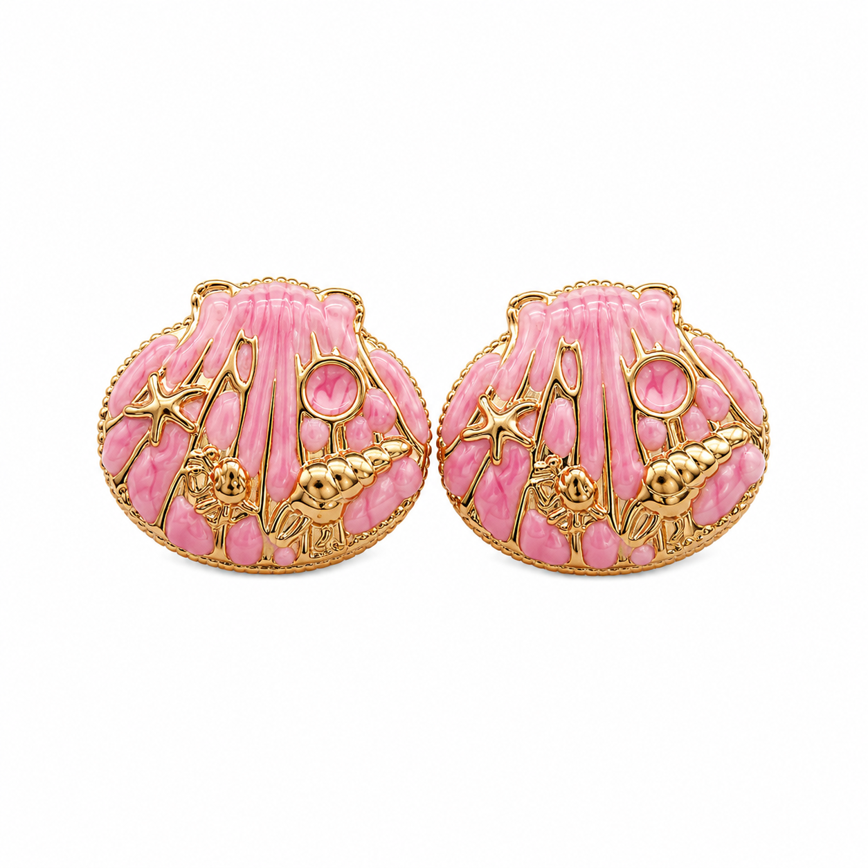 Gold-tone scallop shell stud earrings with glossy pink enamel, starfish and seashell details, tropical statement jewelry for women
