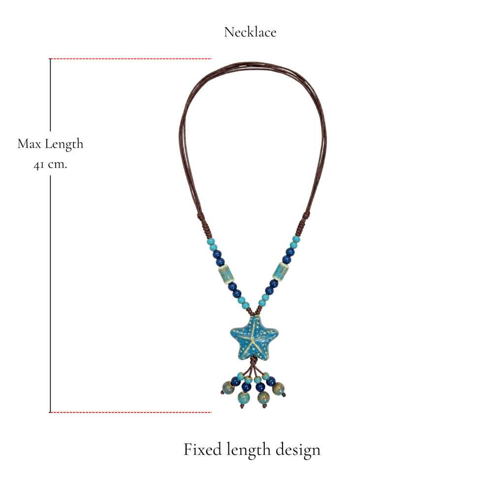 Browniecherry ocean blue starfish pendant necklace with fixed 41 cm maximum length and hanging bead details
