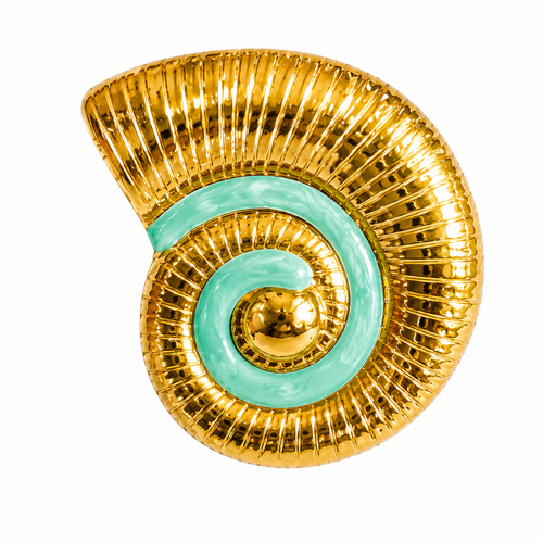 Aqua blue glossy nautilus shell adjustable ring with raised spiral ridges and reflective gold-tone finish by Browniecherry
