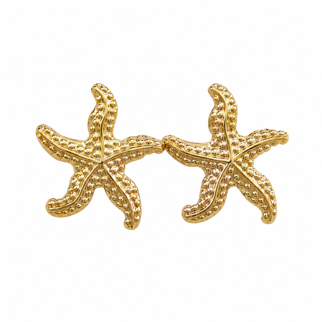 Textured gold-tone starfish stud earrings, ocean-inspired beach jewelry for women
