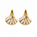 Gold-tone seashell fan stud earrings with ivory white enamel, tropical beach jewelry for women

