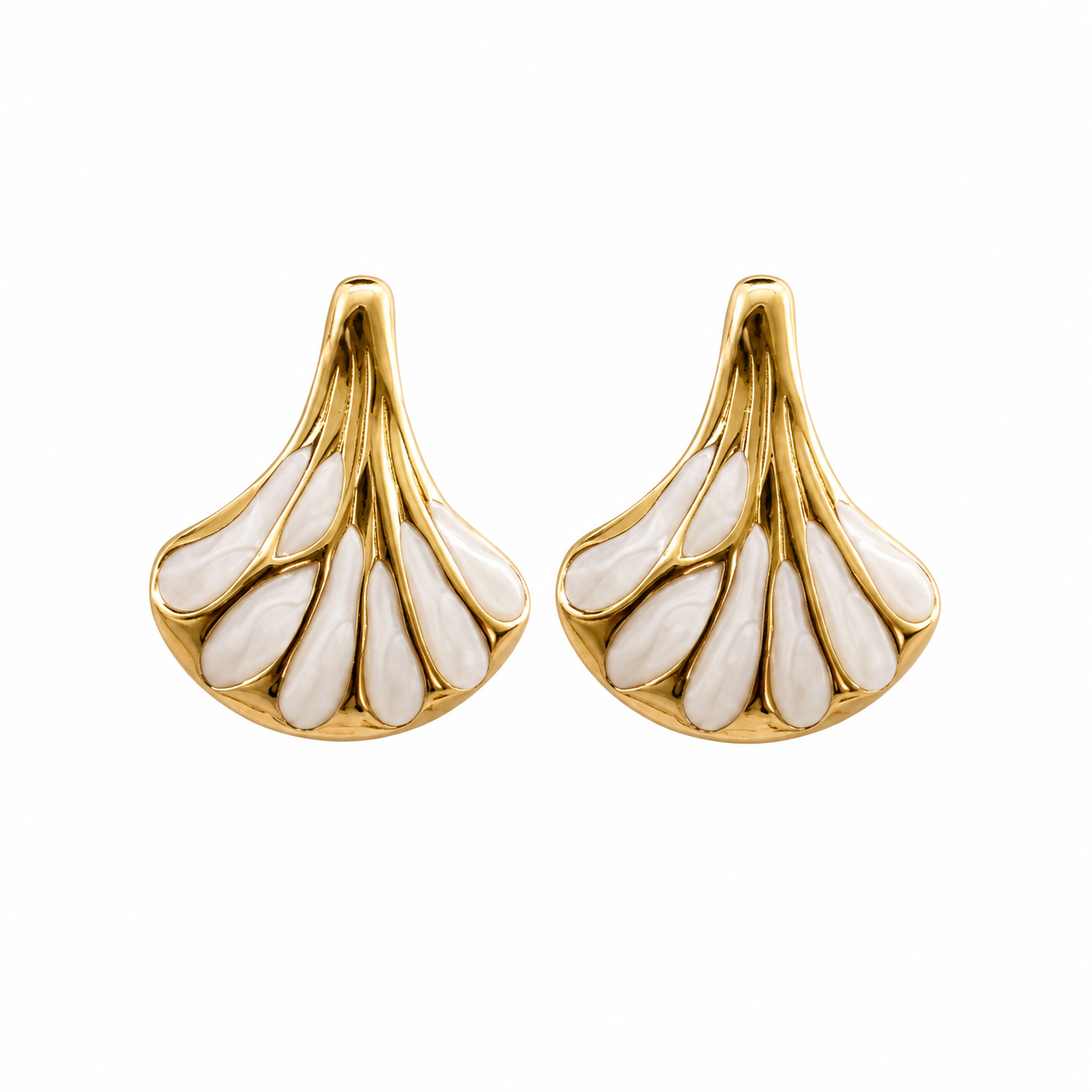 Gold-tone seashell fan stud earrings with ivory white enamel, tropical beach jewelry for women

