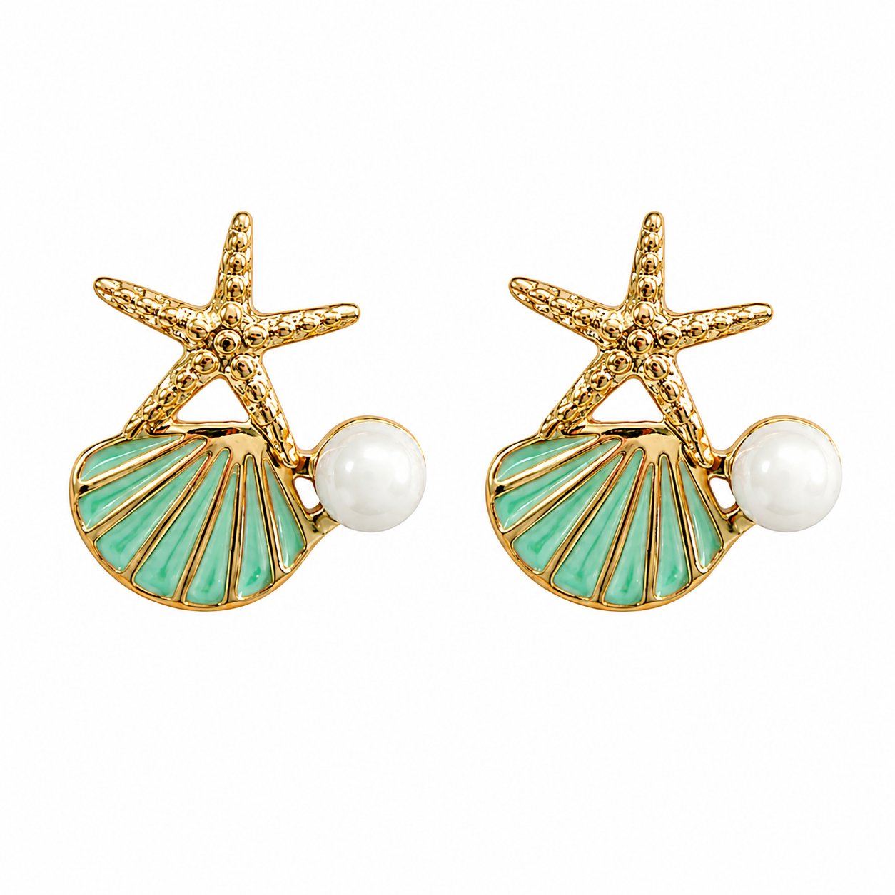 Gold-tone starfish and turquoise seashell stud earrings with white pearl, tropical beach jewelry
