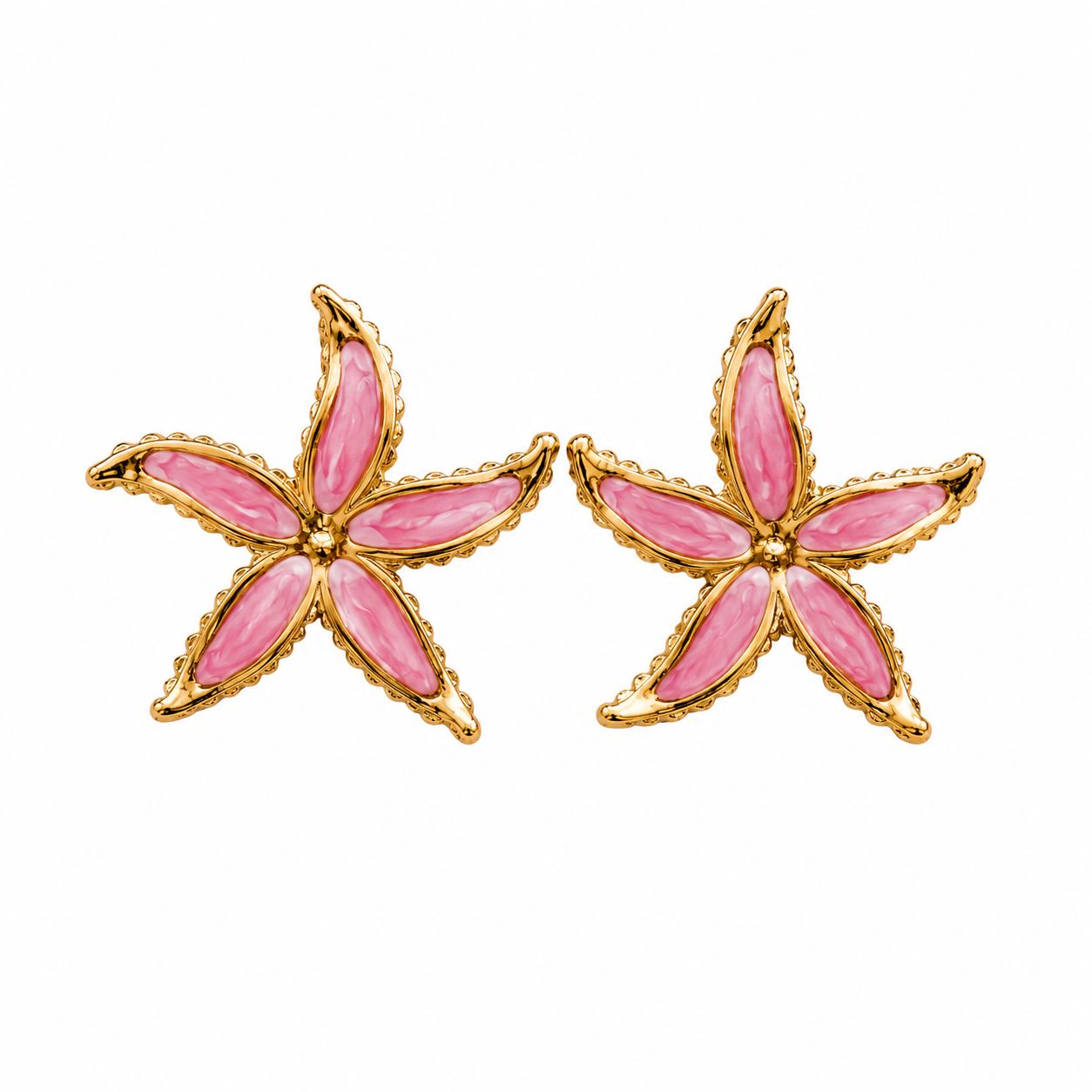 Gold-tone starfish stud earrings with coral red enamel details, tropical ocean-inspired statement jewelry for women
