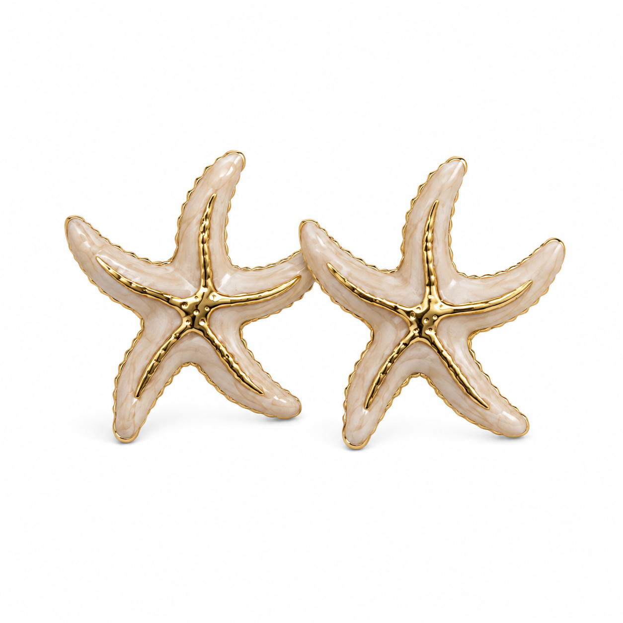 Gold-tone starfish stud earrings with ivory cream enamel, elegant coastal beach statement jewelry for women
