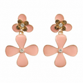 Gold-tone pink enamel flower drop earrings with crystal accents, feminine floral statement jewelry for women
