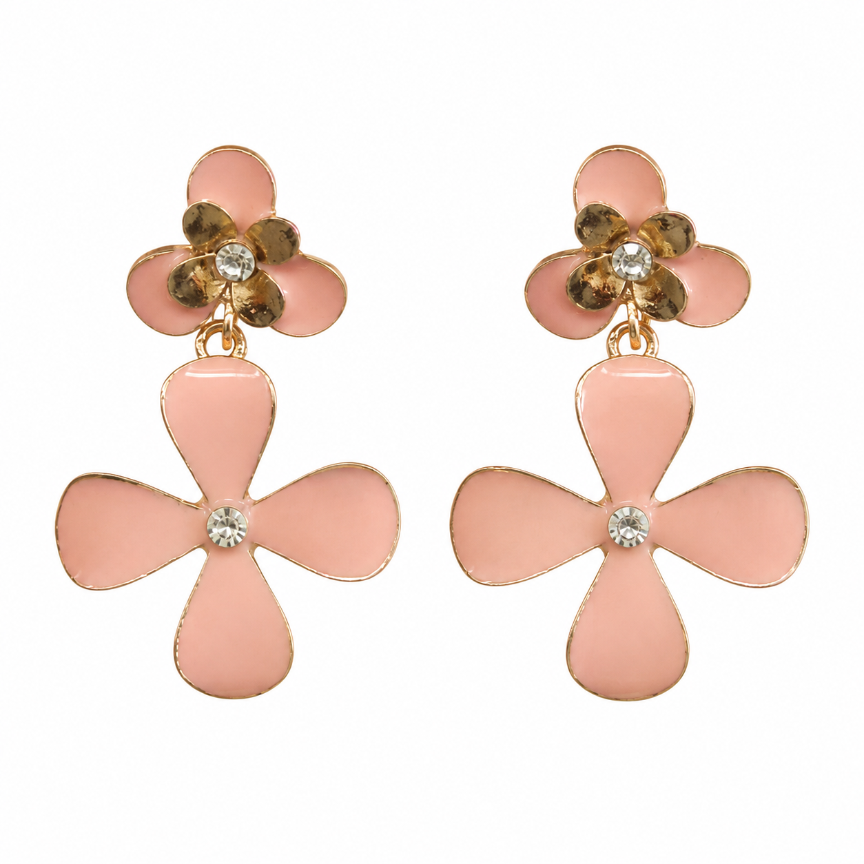 Gold-tone pink enamel flower drop earrings with crystal accents, feminine floral statement jewelry for women
