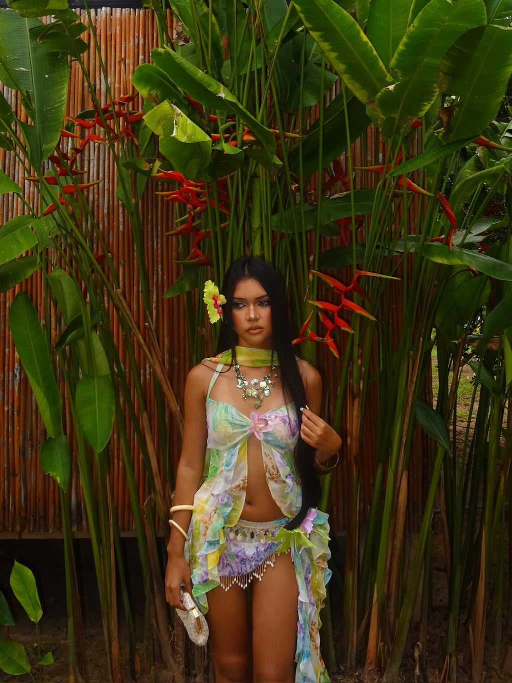 COASTAL EDEN – Watercolor Chiffon Resort Set with Beaded Low-Rise Skirt