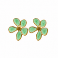 Gold-tone five-petal flower stud earrings with mint green enamel, tropical floral jewelry for women
