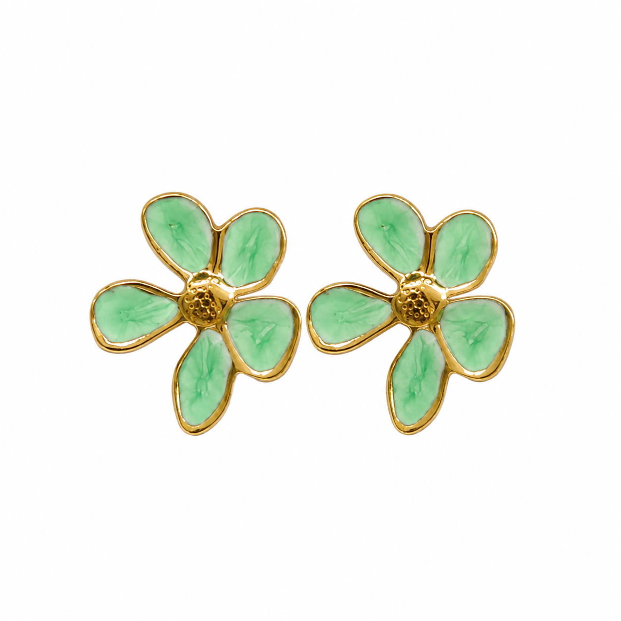 Gold-tone five-petal flower stud earrings with mint green enamel, tropical floral jewelry for women
