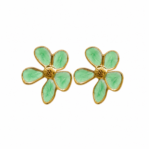 Gold-tone five-petal flower stud earrings with mint green enamel, tropical floral jewelry for women

