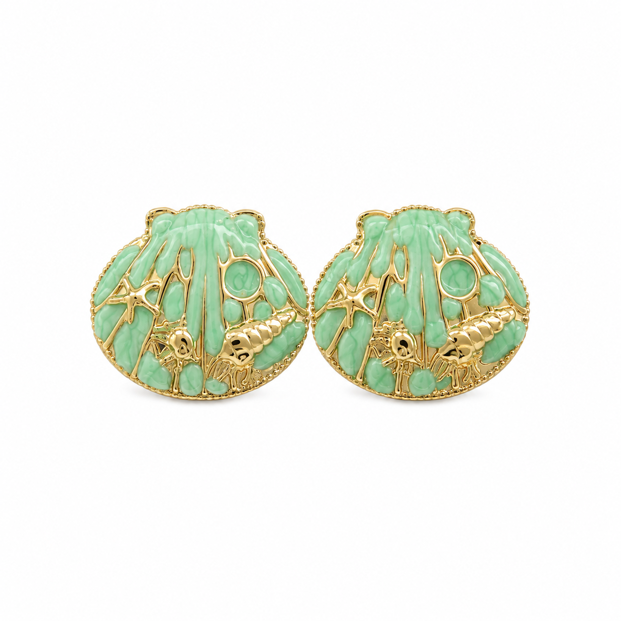 Gold-tone scallop shell stud earrings with mint green enamel, starfish and seashell details, tropical ocean jewelry for women
