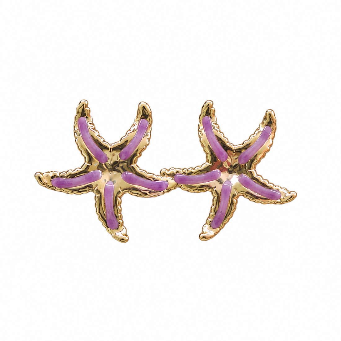 Gold-tone starfish stud earrings with purple enamel details, ocean-inspired tropical beach jewelry for women
