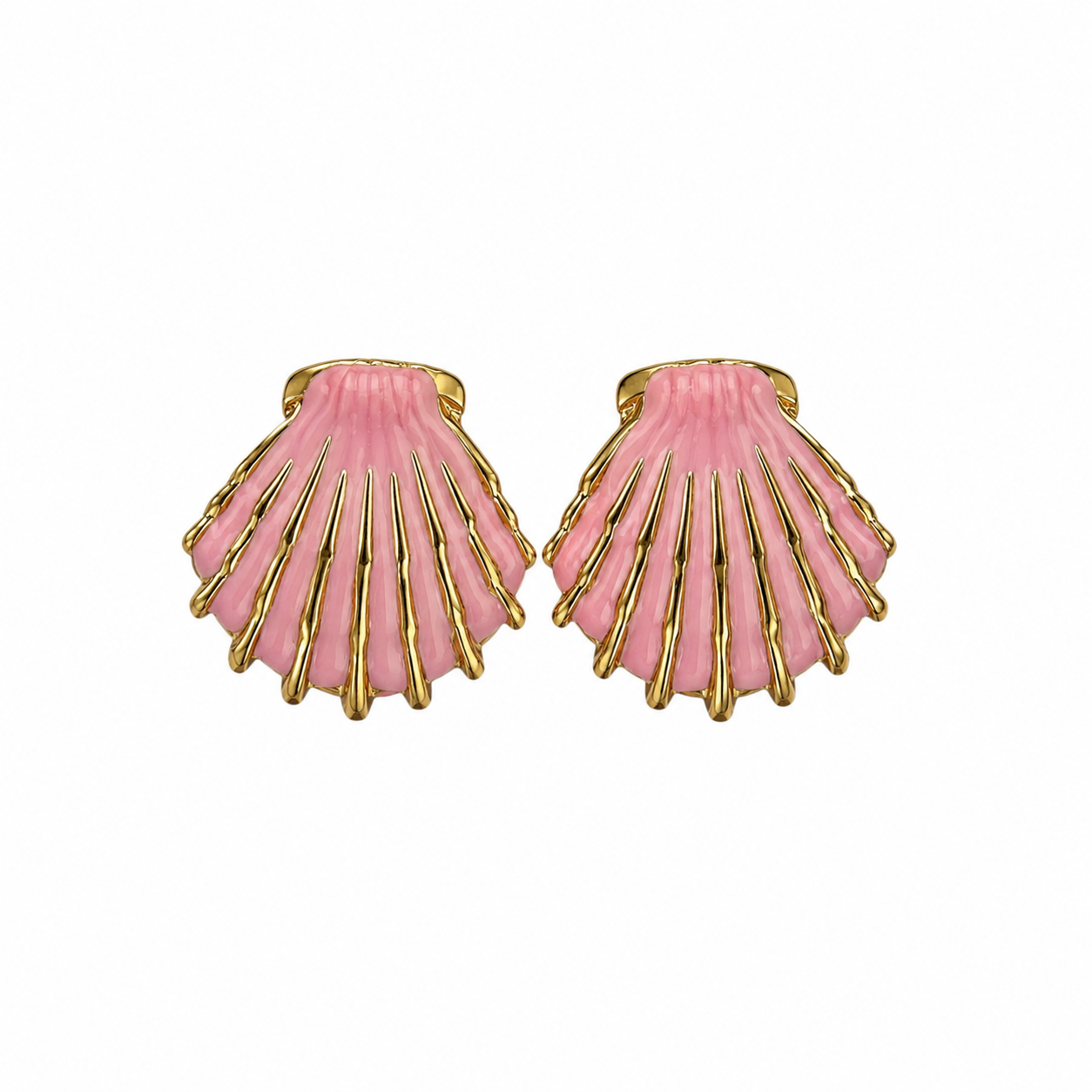 Gold-tone scallop shell stud earrings with glossy pink enamel, coastal beach jewelry for women
