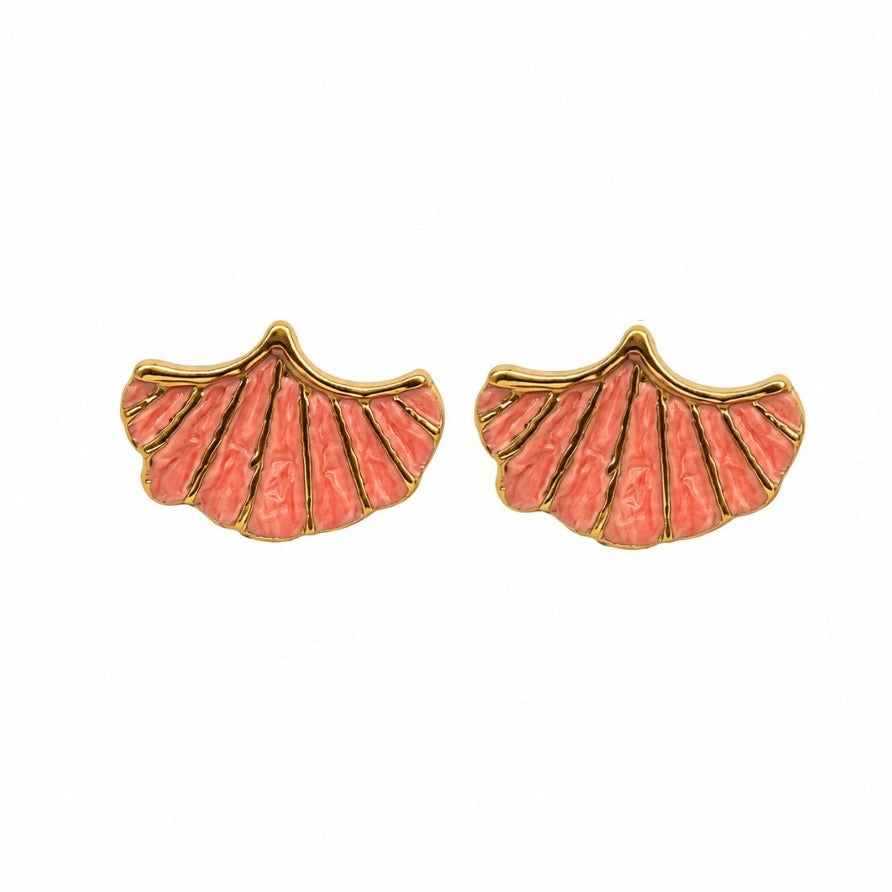 Gold-tone fan shell stud earrings with coral pink enamel, tropical coastal statement jewelry for women
