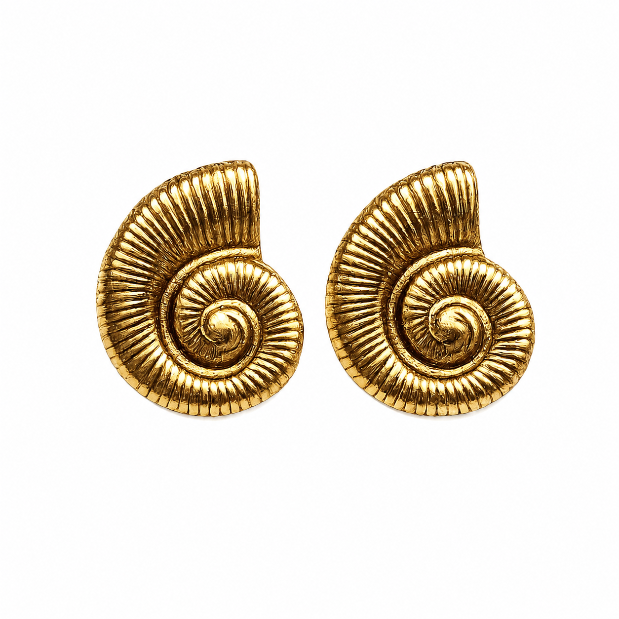 Textured gold-tone spiral seashell stud earrings, vintage-inspired coastal statement jewelry for women