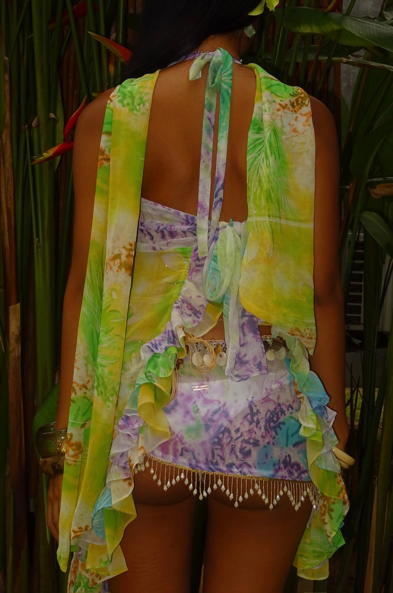 COASTAL EDEN – Watercolor Chiffon Resort Set with Beaded Low-Rise Skirt