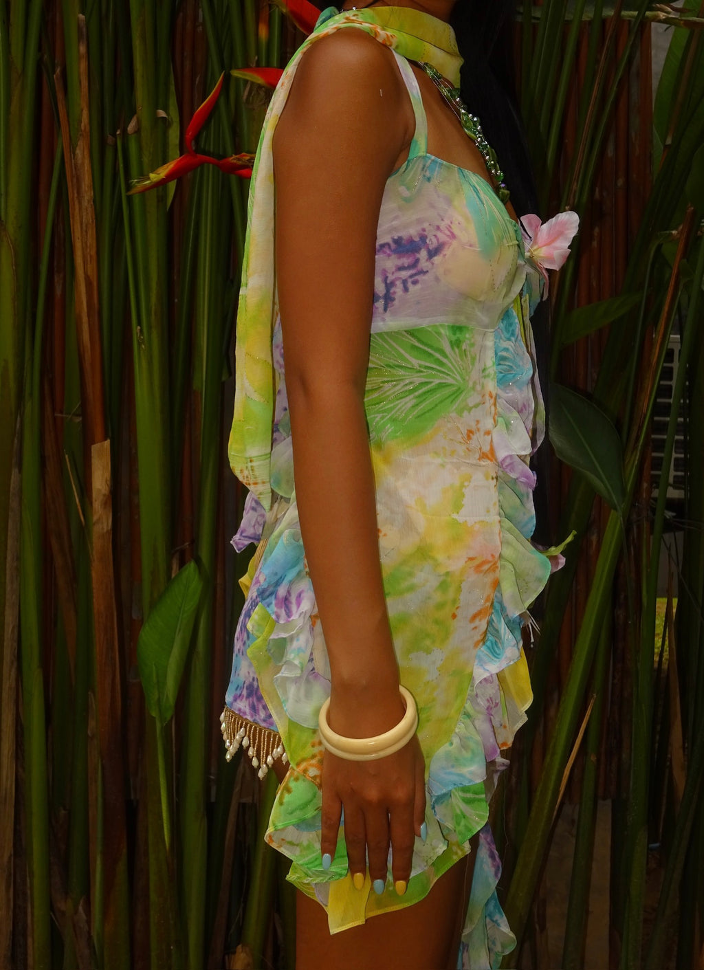 COASTAL EDEN – Watercolor Chiffon Resort Set with Beaded Low-Rise Skirt