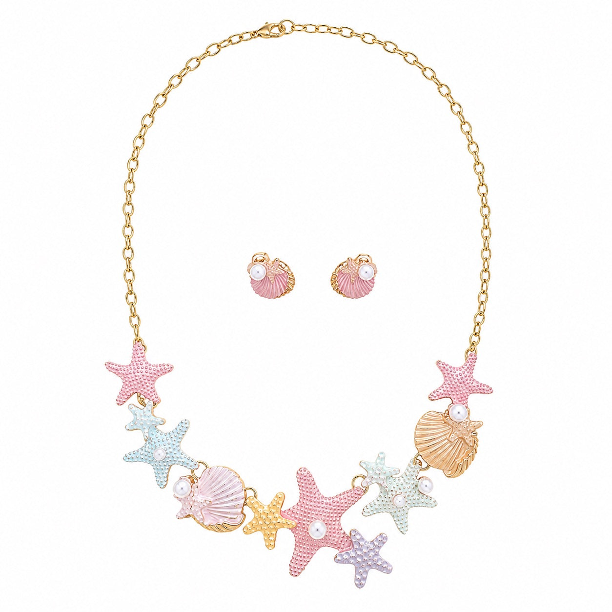 Pastel multicolor starfish and seashell necklace and earring set with faux pearls and gold-tone details by Browniecherry
