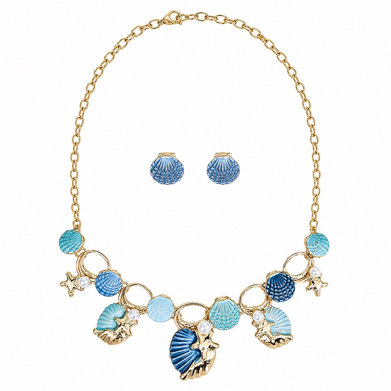Ocean blue seashell necklace and earring set with starfish, faux pearls, turquoise accents, and gold-tone details by Browniecherry
