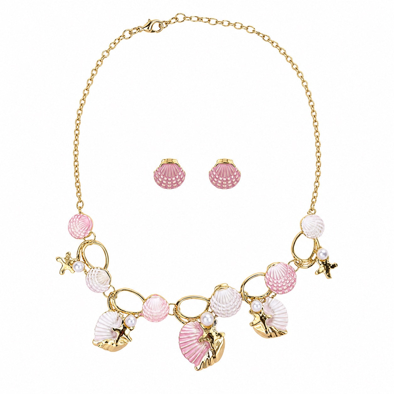 Pastel pink and pearl white seashell necklace and earring set with starfish, faux pearls, and gold-tone details by Browniecherry
