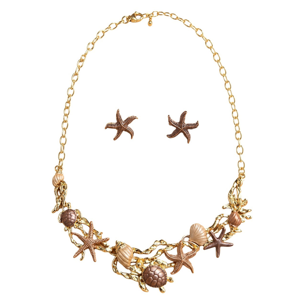 Bronze brown ocean charm necklace and starfish earring set with faux pearls and gold-tone details by Browniecherry

