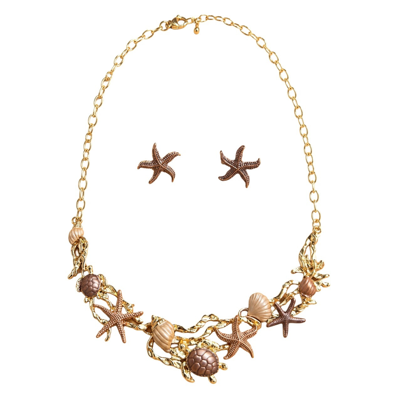 Bronze brown ocean charm necklace and starfish earring set with faux pearls and gold-tone details by Browniecherry
