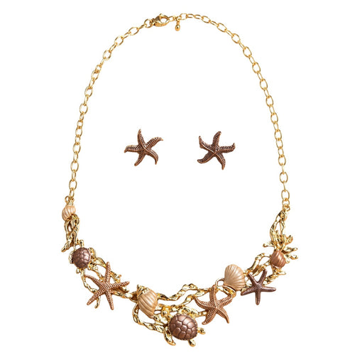 Bronze brown ocean charm necklace and starfish earring set with faux pearls and gold-tone details by Browniecherry
