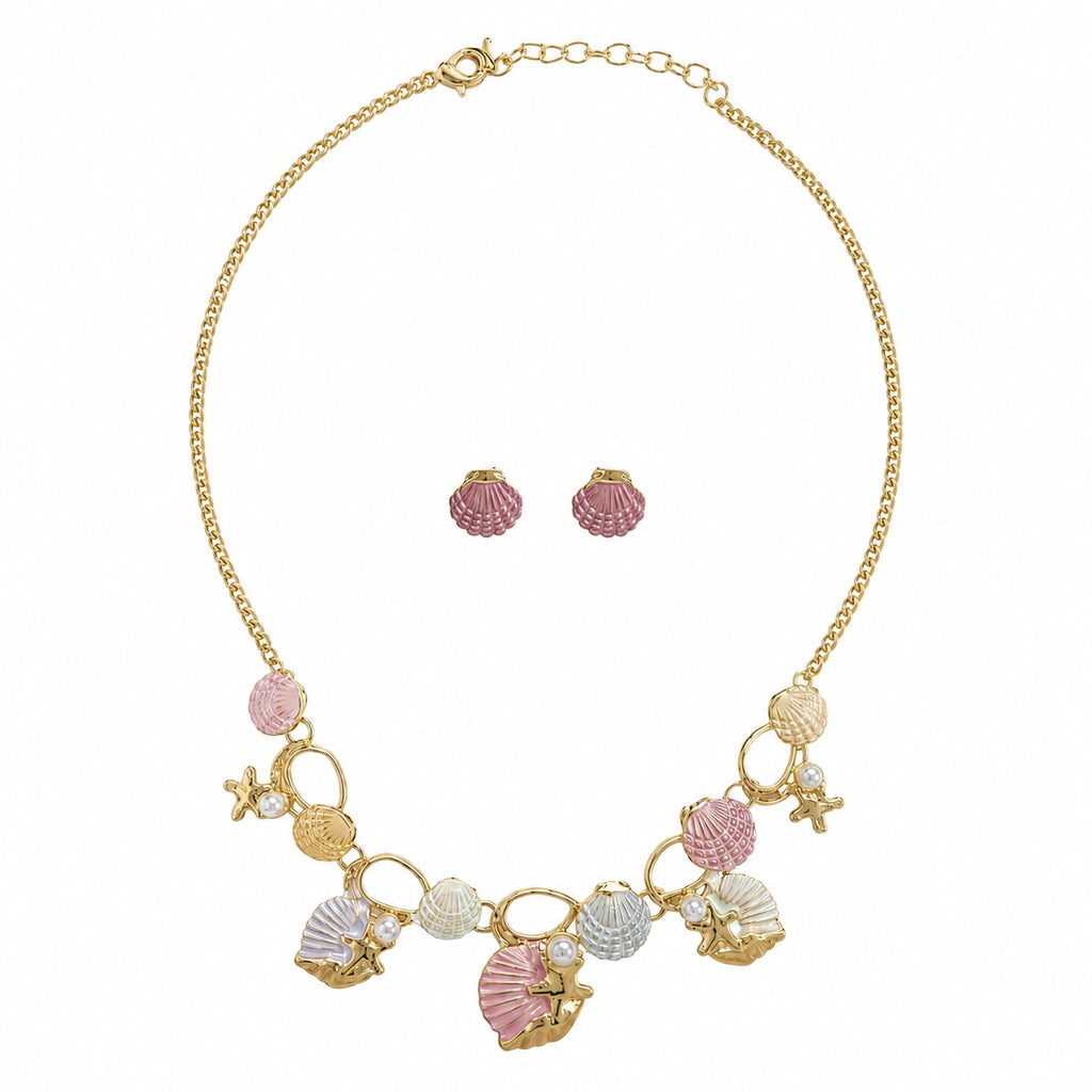 Pastel multicolor seashell necklace and earring set with starfish, faux pearls, and gold-tone details by Browniecherry
