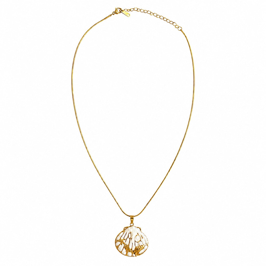 Pearl white seashell pendant necklace with raised gold-tone starfish and underwater details by Browniecherry
