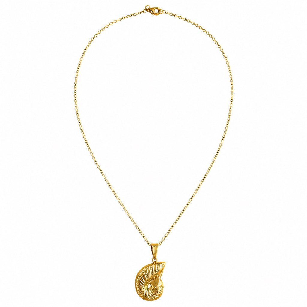 Gold nautilus shell pendant necklace with openwork spiral design, raised details, and slim adjustable chain by Browniecherry
