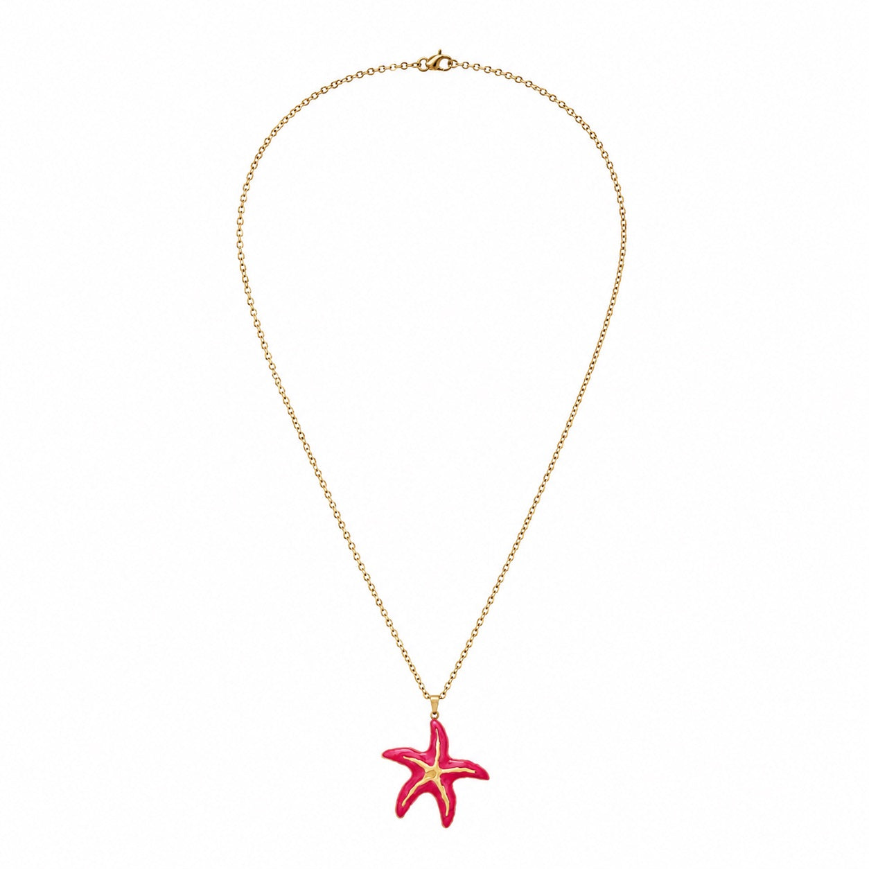 Hot pink glossy starfish pendant necklace with raised gold-tone details and slim adjustable chain by Browniecherry
