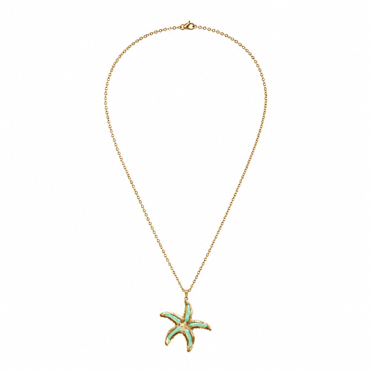Turquoise green glossy starfish pendant necklace with raised gold-tone details and slim adjustable chain by Browniecherry

